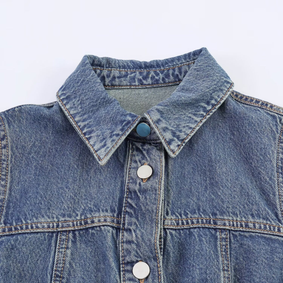 Damen Jeanskleid mit Taillengürtel und Kurzarm EB