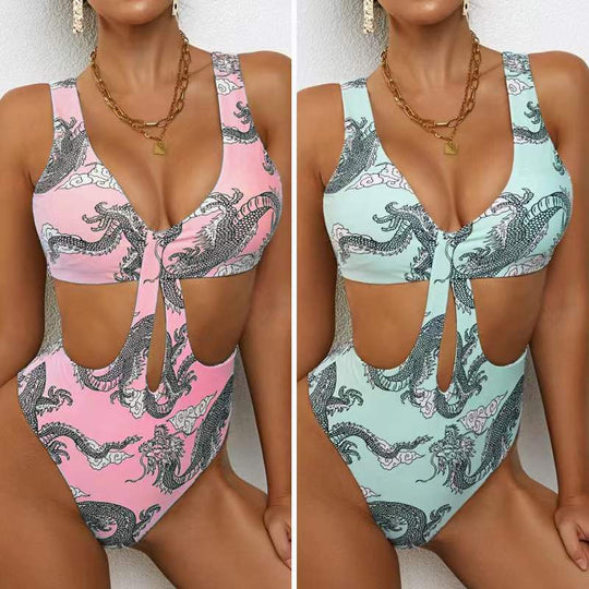 Damen Cut-Out Badeanzug mit elegantem V-Ausschnitt und grafischem Drachenmuster EB
