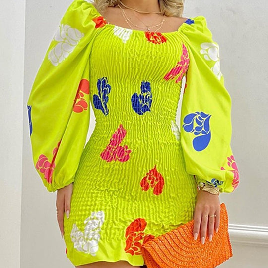 Damen Minikleid mit Puffärmeln und floralem Faltenmuster EB