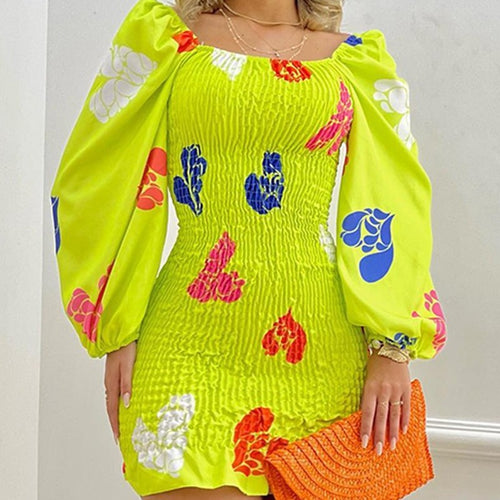 Damen Minikleid mit Puffärmeln und floralem Faltenmuster EB