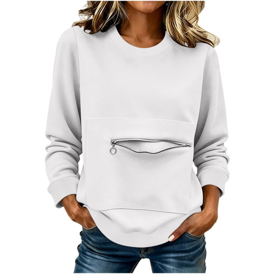 Damen nan locker geschnittenes Sweatshirt mit Frontreißverschlusstasche und Rundhalsausschnitt EB