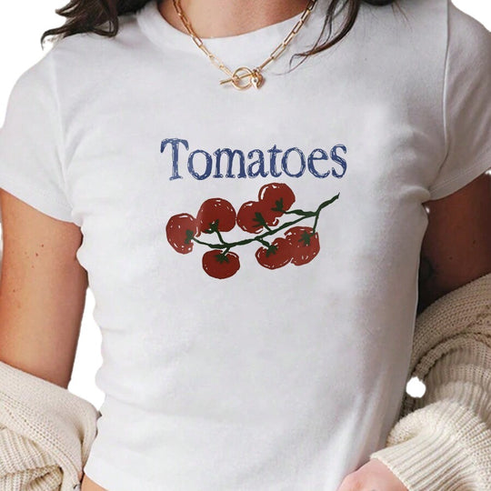 Damen Crop-T-Shirt mit kreativem Tomatenmotiv EB