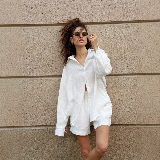 Damen lässige Leinenbluse und Shorts Set EB