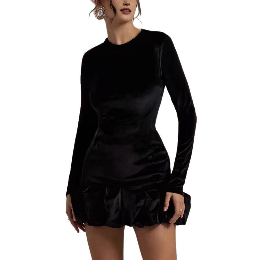 Damen Figurbetontes Cocktail-Minikleid aus Samt mit Volantkante und Langarm EB