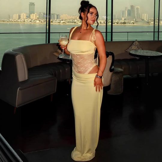 Damen elegantes langes Kleid mit raffiniertem Spitzenoberteil und verstellbaren Trägern EB