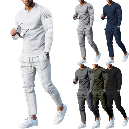 Herren athletisches Freizeit-Ensemble mit langärmligem Henley-Oberteil und bequemen Jogginghosen EB