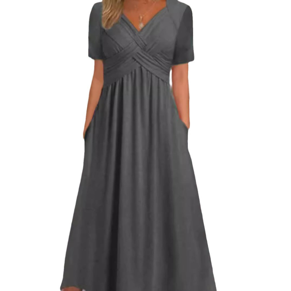 Damen nan luftiges V-Ausschnitt Midikleid mit überkreuzter Brustpartie, kurzen Ärmeln und Eingrifftaschen EB