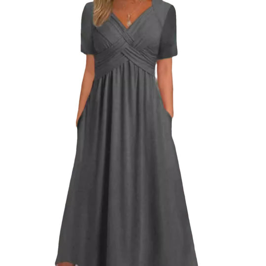 Damen nan luftiges V-Ausschnitt Midikleid mit überkreuzter Brustpartie, kurzen Ärmeln und Eingrifftaschen EB