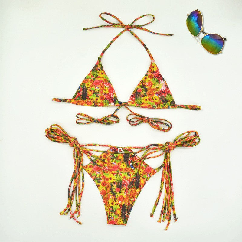 Damen Triangel-Bikini mit verstellbaren Riemen und fröhlichem Blumenmuster EB