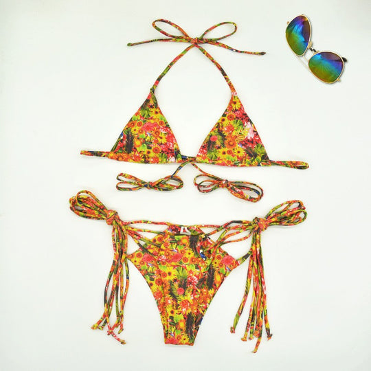Damen Triangel-Bikini mit verstellbaren Riemen und fröhlichem Blumenmuster EB