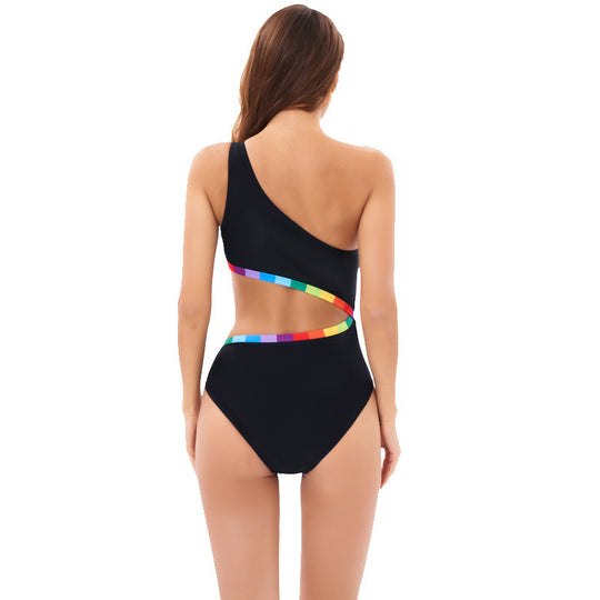 Damen Einseitiger Triangel-Bikini mit buntem Akzentband EB
