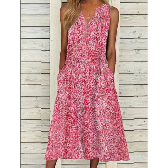 Damen Midi-Kleid mit tiefem V-Ausschnitt, Knopfdetails und praktischen Taschen EB