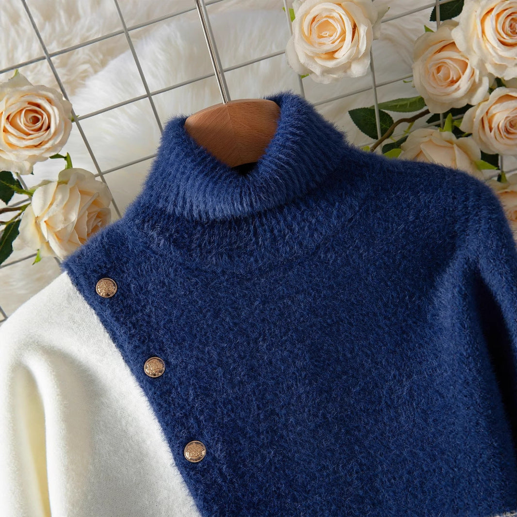Damen Schicker Pullover mit hohem Kragen und eleganten Knöpfen EB
