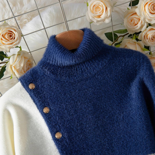 Damen Schicker Pullover mit hohem Kragen und eleganten Knöpfen EB