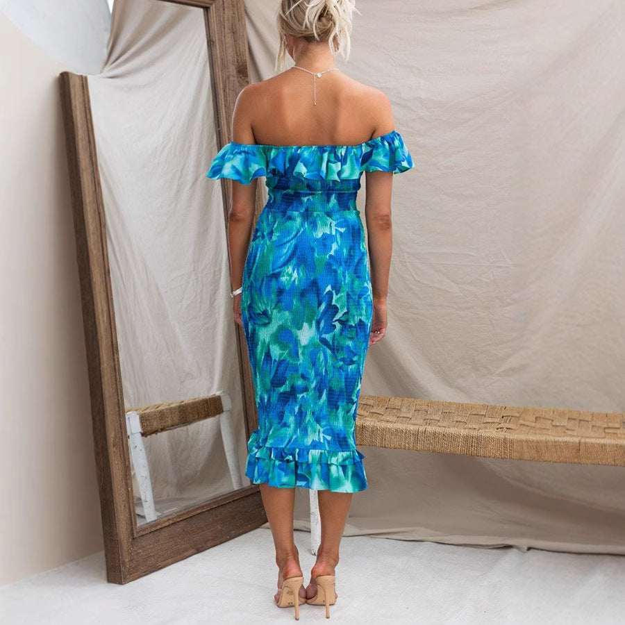 Damen Off-Shoulder Kleid mit Rüschen und figurbetonter Passform EB