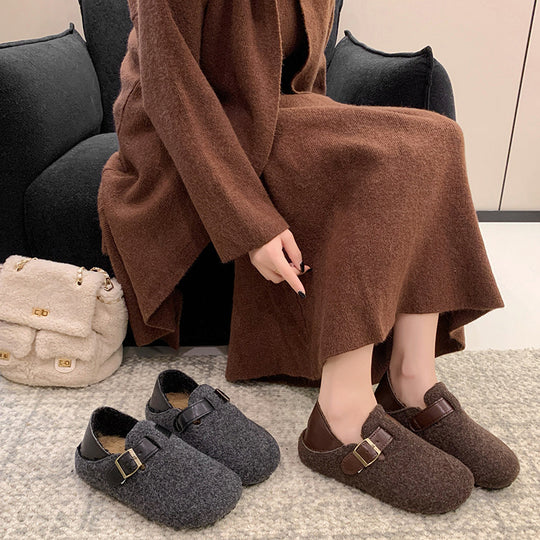 Damen gemütliche Filzpantoletten mit eleganter Schnallenverzierung EB