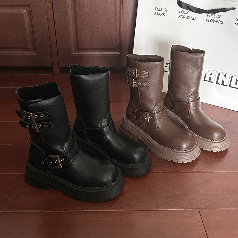 Damen Robuste Schnürstiefel mit dekorativen Schnallen und stabiler Sohle EB