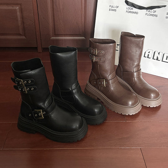 Damen Robuste Schnürstiefel mit dekorativen Schnallen und stabiler Sohle EB