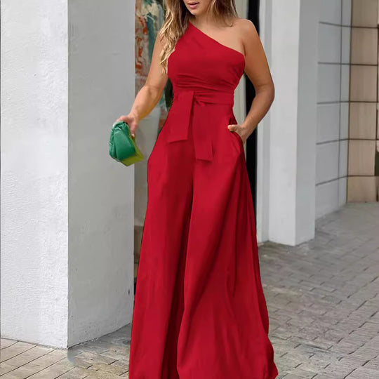 Damen Eleganter One-Shoulder Jumpsuit mit weitem Bein und Taillengürtel EB