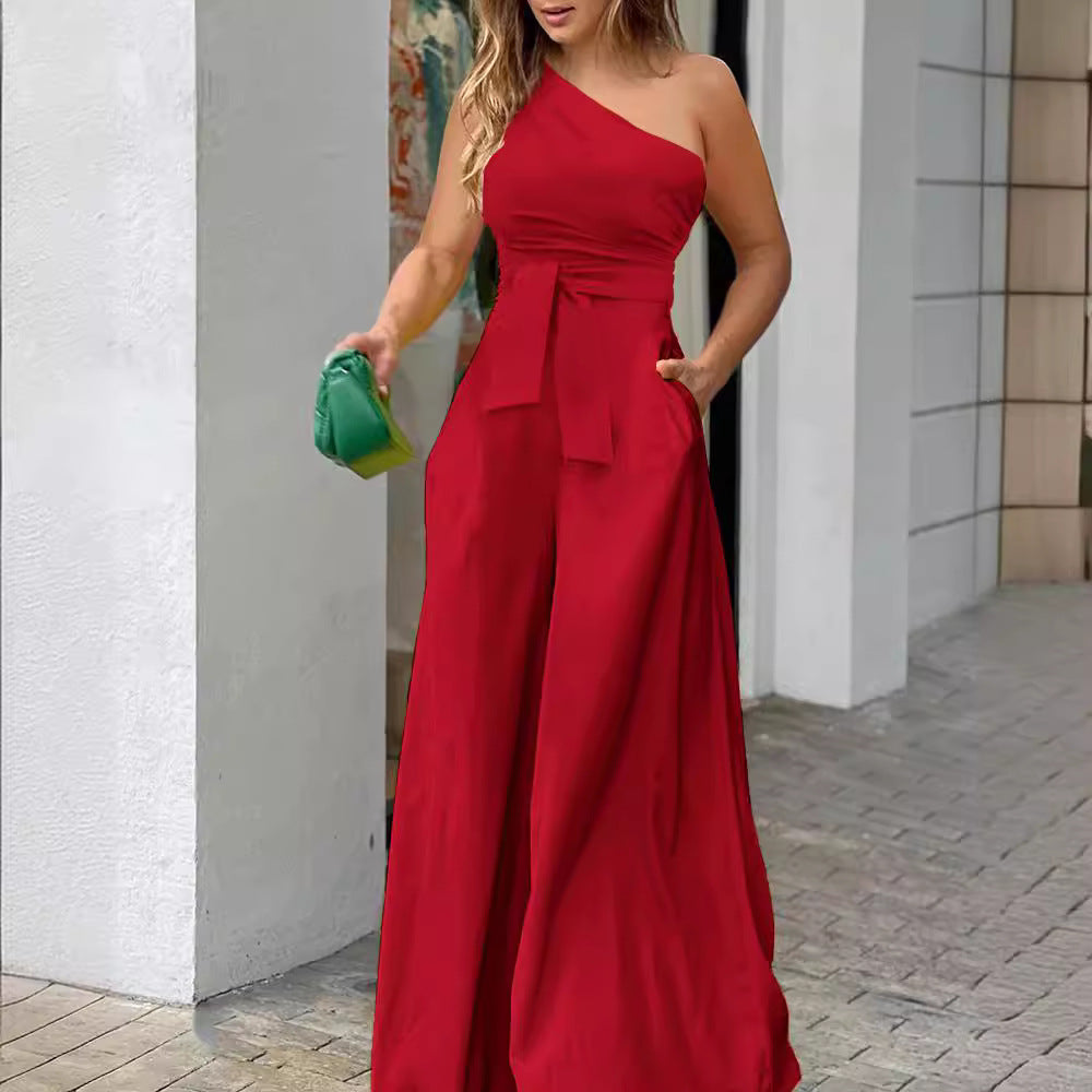 Damen Eleganter Jumpsuit mit asymmetrischem Ausschnitt und Taillengürtel EB