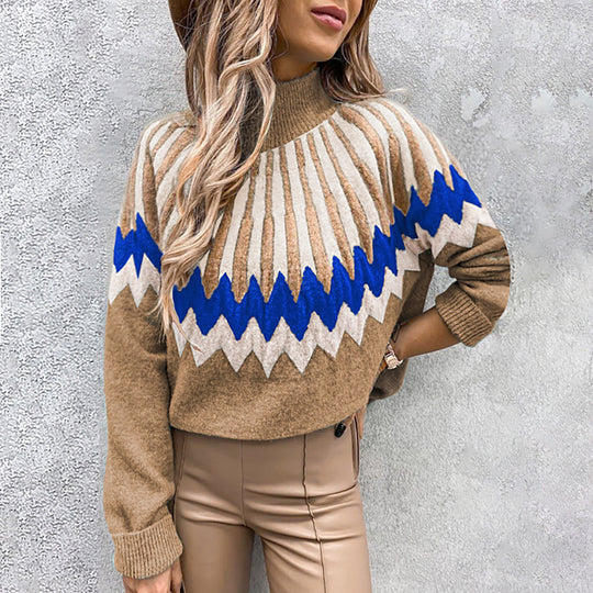 Damen Modischer Grobstrickpullover mit grafikintensivem Design und hohen Kragen EB