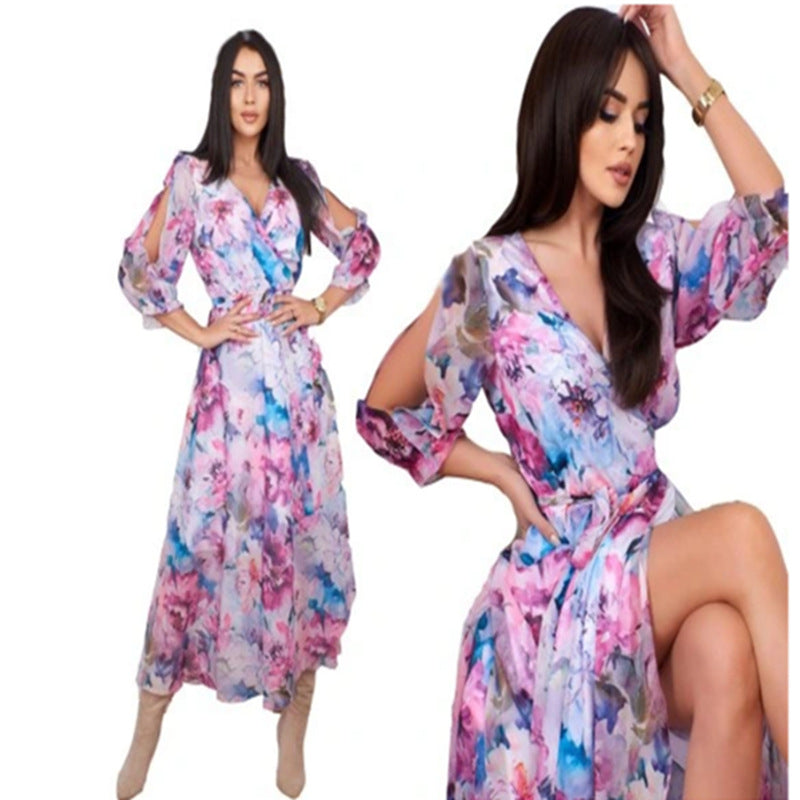 Damen Maxikleid mit schulterfreien Ärmeln und floralem Design EB