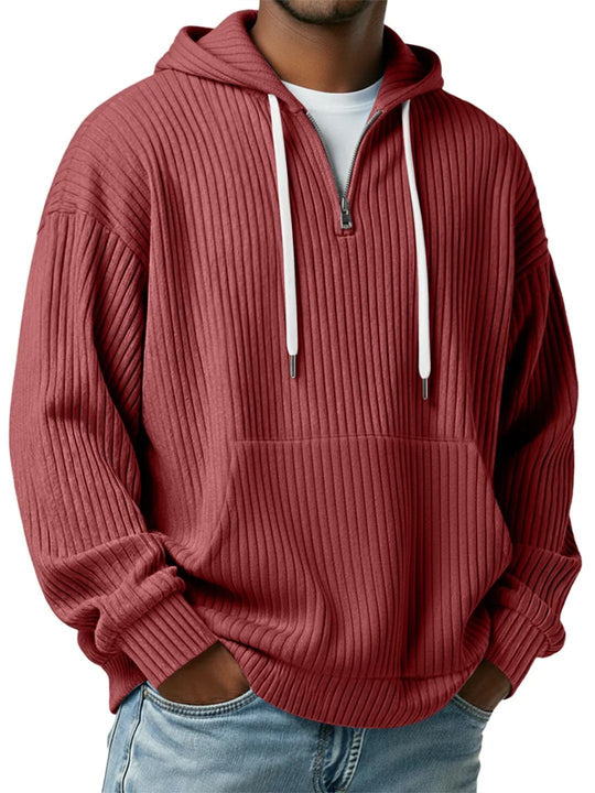Herren nan gerippter Halfzip-Hoodie mit Kapuze, Kängurutasche und oversized Casual-Schnitt EB