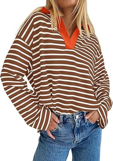 Damen Lässiges gestreiftes Sweatshirt mit V-Ausschnitt und langen Ärmeln EB