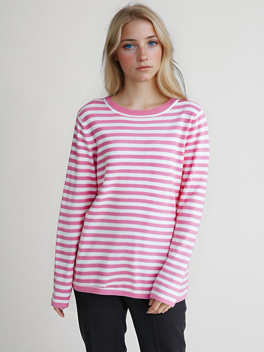 Damen gestreifter Langarmpullover mit Rundhalsausschnitt und lässigem Schnitt EB