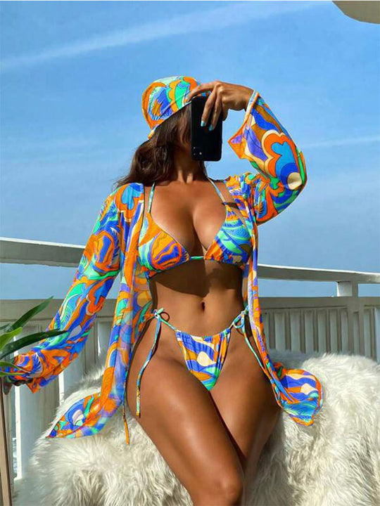 Damen Bunt bedruckter Bikini mit langem Cover-Up EB