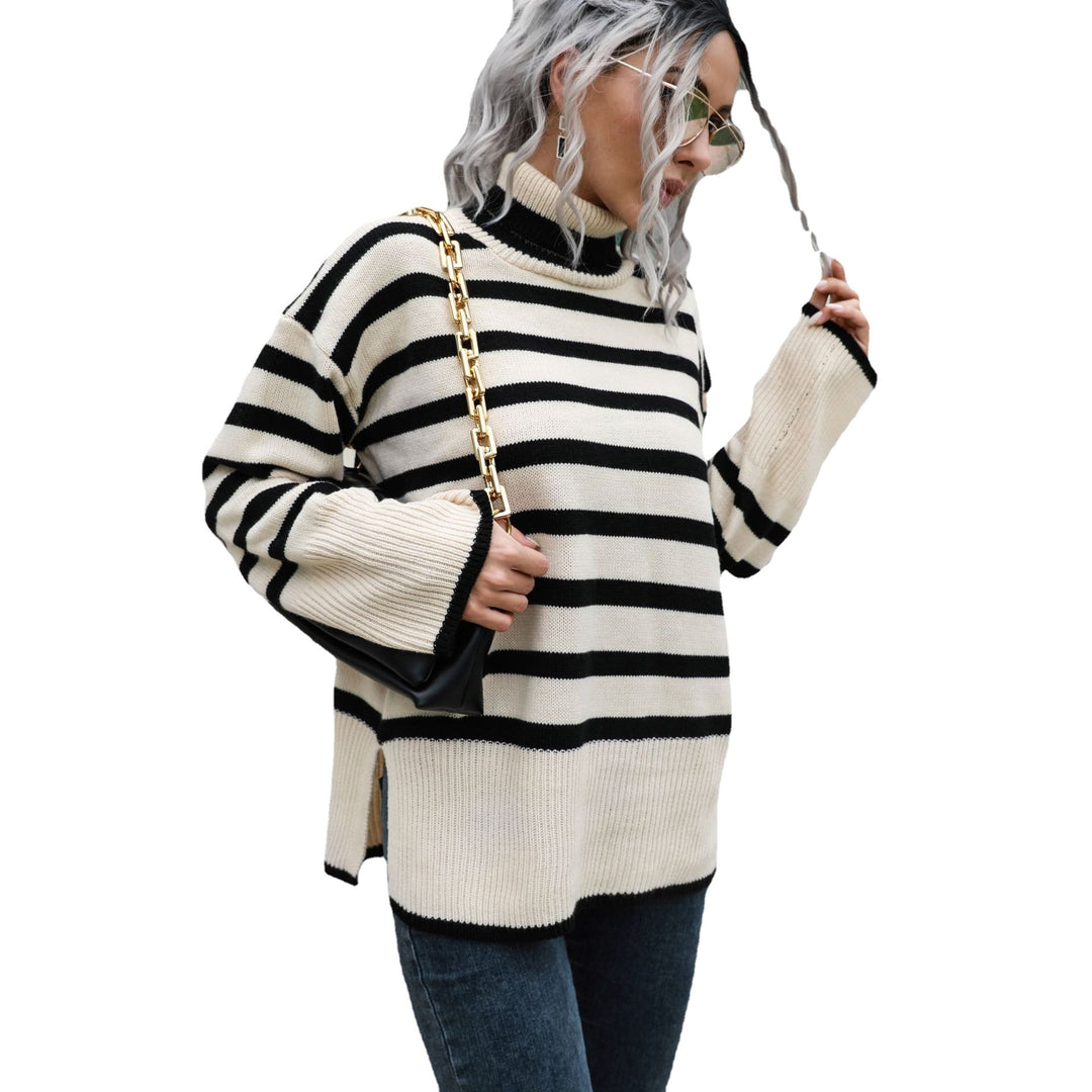 Damen Strickpullover mit hohen Bündchen und lässigem Streifenmuster EB
