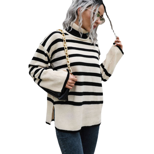 Damen Strickpullover mit hohen Bündchen und lässigem Streifenmuster EB