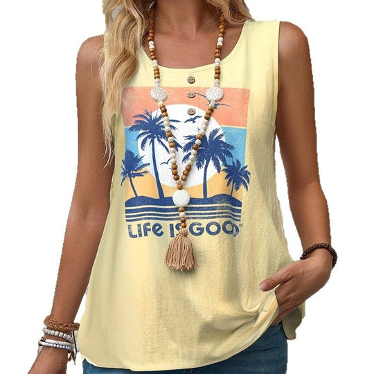 Damen ärmelloses T-Shirt mit buntem Druck und Knopfdetails Heidi-Mode