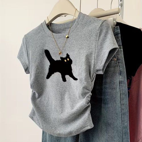 Damen T-Shirt mit kreativem Katzenmotiv und lässigem Schnitt EB