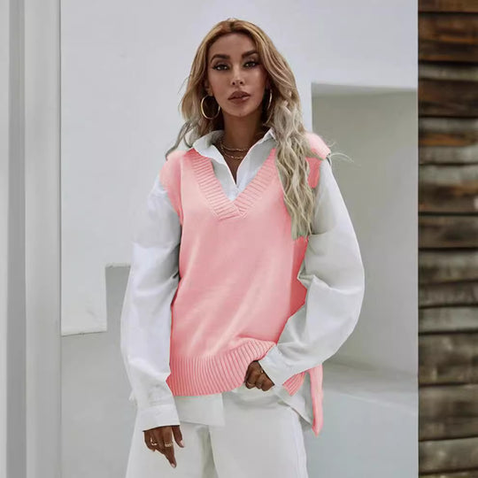 Damen Strickweste mit V-Ausschnitt und eleganter Rippenstruktur EB