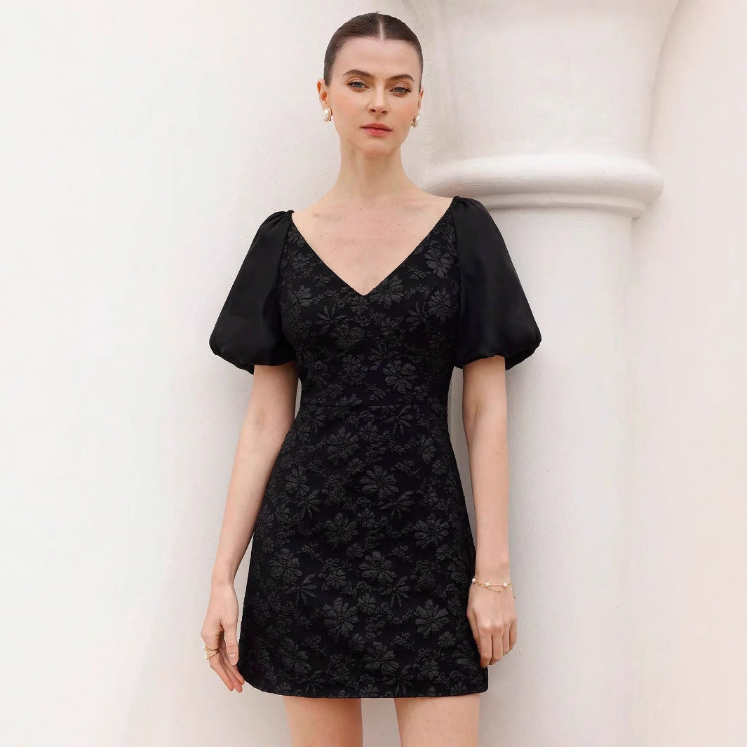 Damen Puffärmel Minikleid mit floralem Jacquard-Muster EB