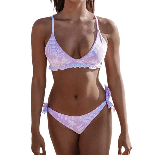 Damen Triangel-Bikini mit verspielten Rüschendetails und floralem Druck EB