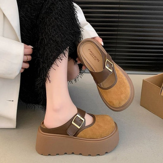 Damen Plateau Clogs mit modischem Schnallen-Design und wärmendem Innenfutter EB