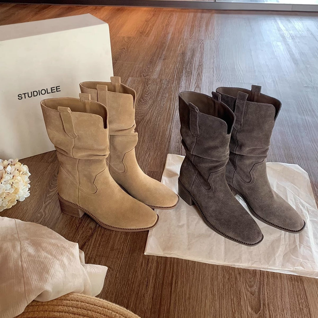 Damen Stiefeletten im modischen Western-Stil mit elegantem Falten-Design EB