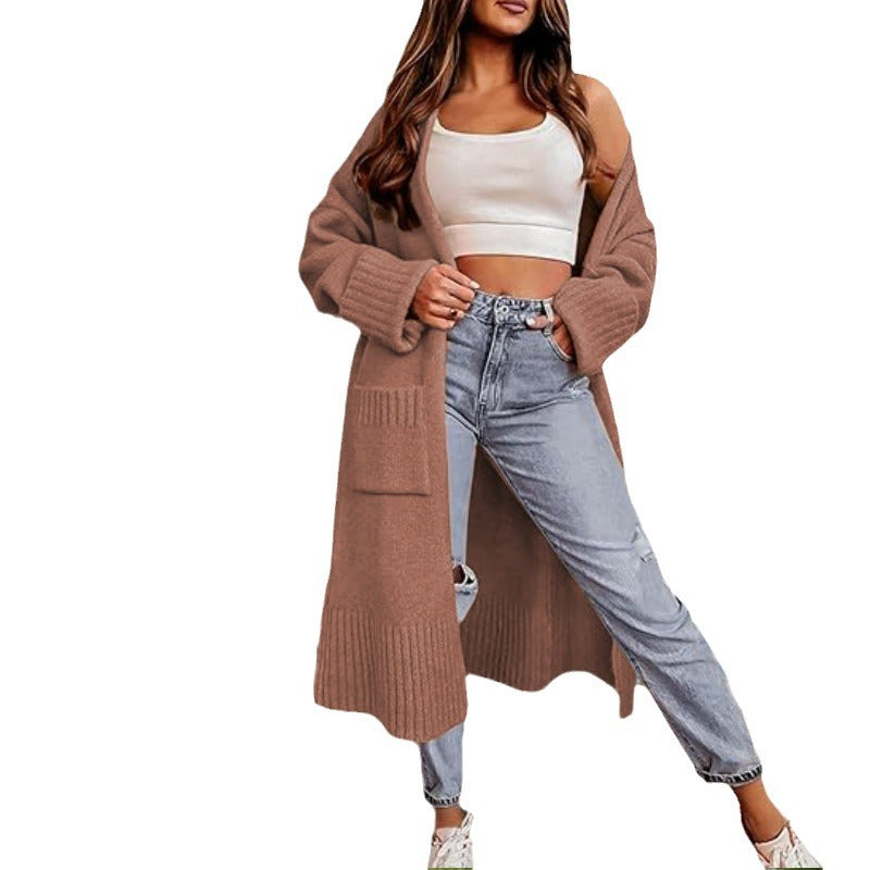 Damen Langer Strickcardigan mit tiefen Taschen und eleganter Struktur EB