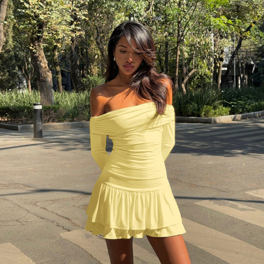 Damen Bardot-Minikleid mit Raffung, langen Ärmeln und Volantrock EB