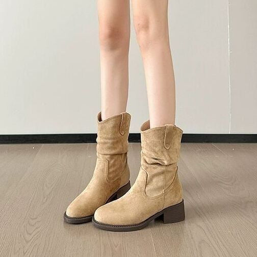 Damen Stiefeletten mit lässigem Falten-Design und komfortablem Blockabsatz EB