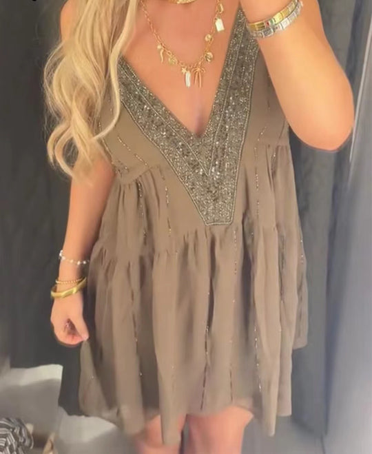 Damen Sommerliches Kleid mit elegantem V-Ausschnitt und raffinierten Rüschendetails EB