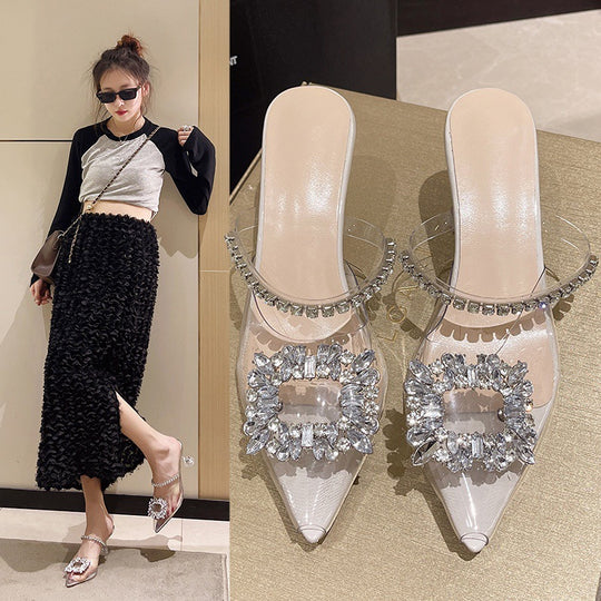 Damen Elegante transparente Mules mit Strassdetails und modischem Design EB
