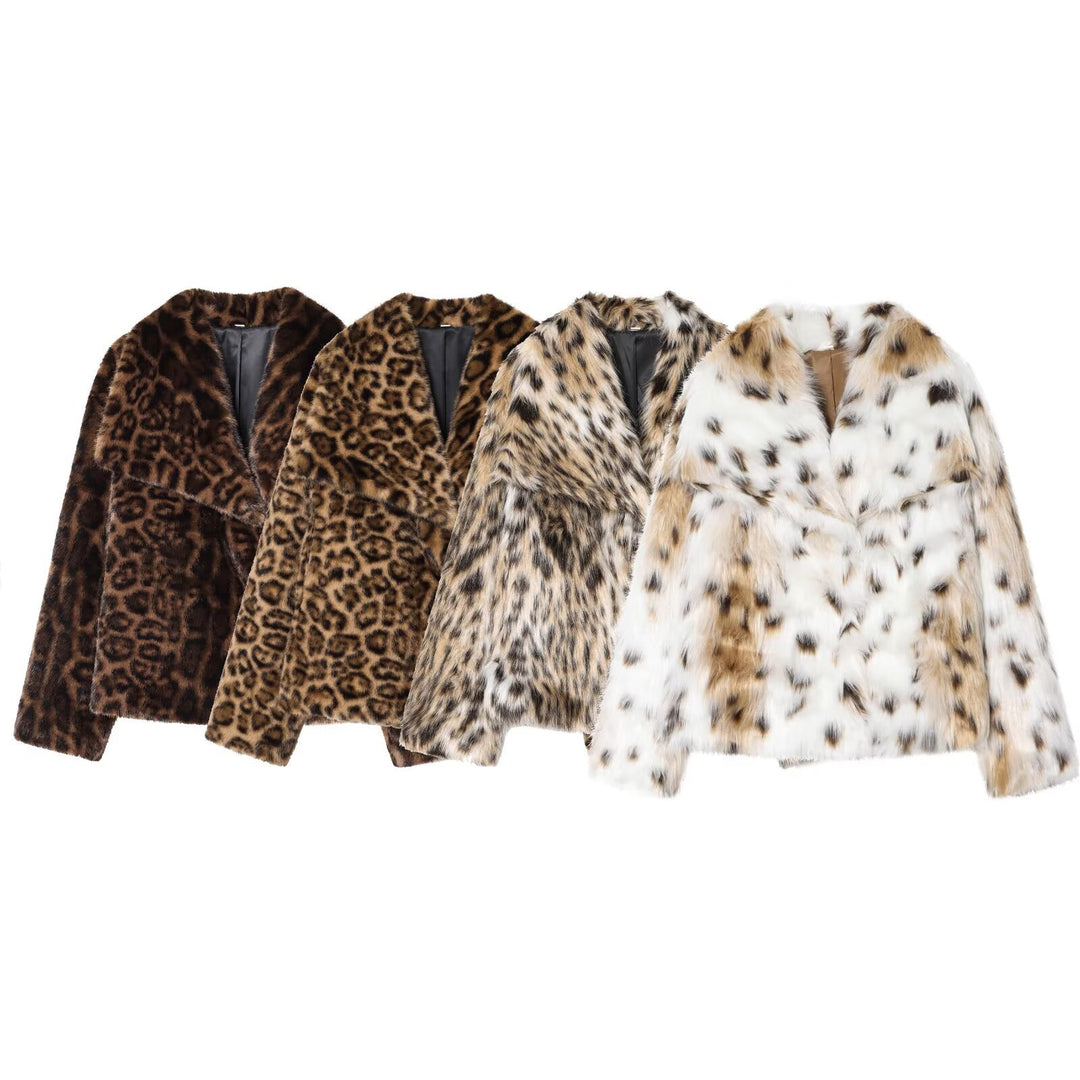 Damen nan kurze Kunstfelljacke mit Wildmuster, V-Ausschnitt und taillierter Silhouette EB