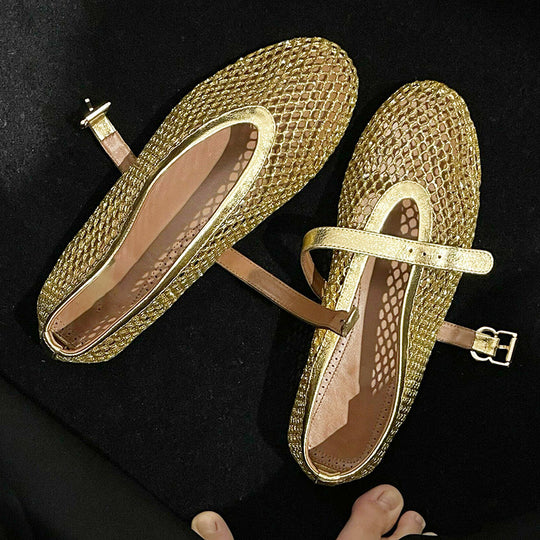 Damen Ballerinas mit goldenem Netzdesign und modischem Riemchen EB