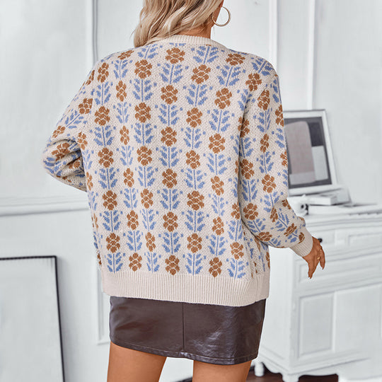 Damen Strickjacke mit floralem Muster und Knöpfen EB