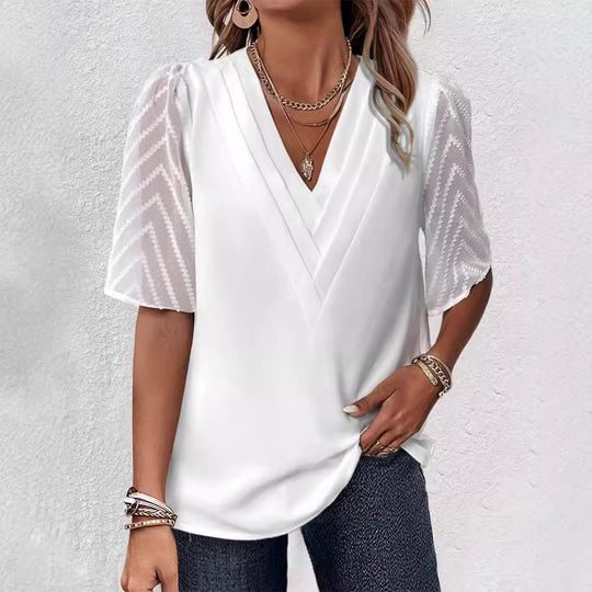Damen nan elegantes Chiffon-Oberteil mit plissierter V-Passe und transparenten Zickzackärmeln EB