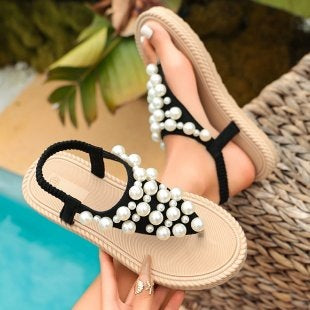 Damen Orientierende Riemchensandalen mit Perlenverzierungen EB