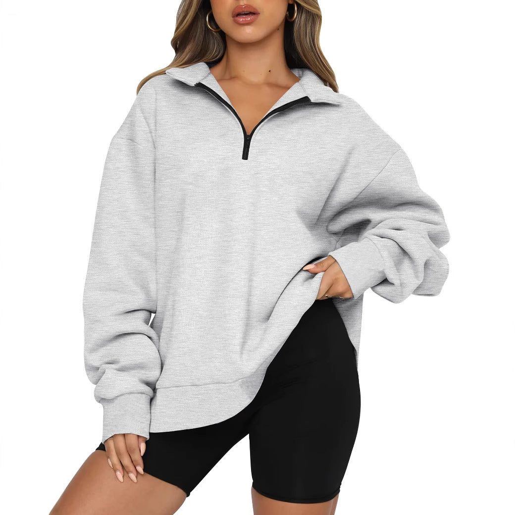 Damen Sportlicher Oversized Pullover mit Reißverschluss und seitlichem Schlitz EB